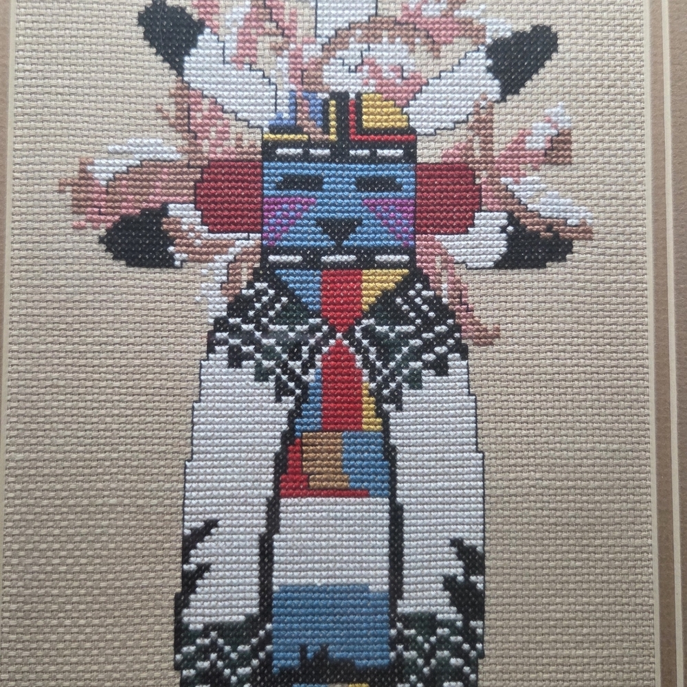 Framed Needlepoint Akush Shalako Warrior Kachina Doll